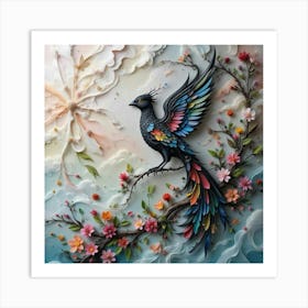 A dark fantasy bird majestically perched on a branch, its delicate wings intricately crafted from layered paper, shimmering with a mesmerizing dance of dark and colorful hues Art Print