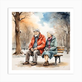 Old Couple Sitting On Park Bench Art Print