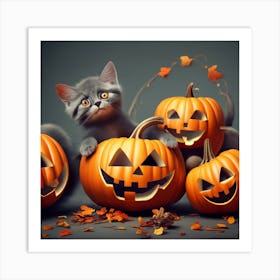 Halloween Kittens With Pumpkins Art Print