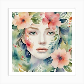 Watercolor Of A Woman With Flowers 4 Art Print