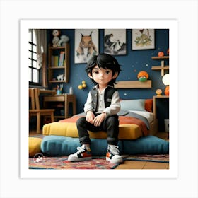 Boy Sitting On A Bed Art Print