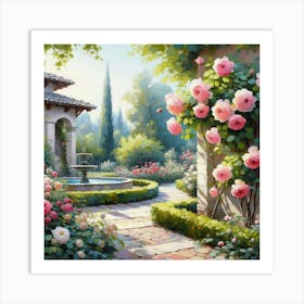 Rose Garden With The Fountain, Acrylic Style Painting 8 Art Print