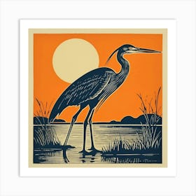 Retro Bird Lithograph Great Blue Heron 4 Art Print