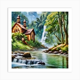 Cottage by the stream Art Print