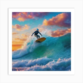 Surfer Riding A Wave At Sunset Art Print