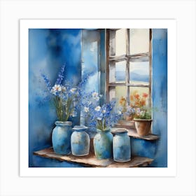 Blue wall. Open window. From inside an old-style room. Silver in the middle. There are several small pottery jars next to the window. There are flowers in the jars Spring oil colors. Wall painting.57 Art Print