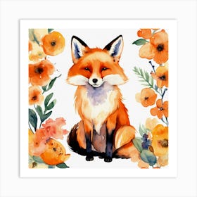 Orange Cute Watercolor Fox (1) Art Print