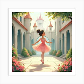 Delicate Ballerina In A Watercolor Castle Courtyard 1 Art Print