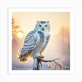 Snowy Owl Perched Stoically On A Frost Covered Branch During A Serene Winter Sunrise Sunlight Filte Art Print