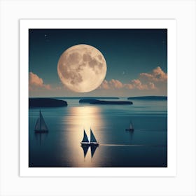 Full Moon Over Sailboats Art Print