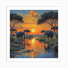 Sunset Elephants 1 Art Print