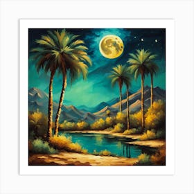 Lunar Oasis: Palms and Reflections in Moonlit Serenity. Art Print