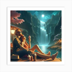 Romantic Couple At The Waterfall Art Print