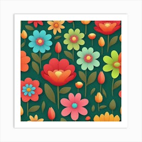 Flowers On A Green Background Pattern Art Print