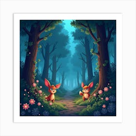 Enchanted Forest With Glowing Animals And Magical Plants 1 Art Print