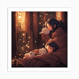 Two Girls Sleeping In Bed Art Print