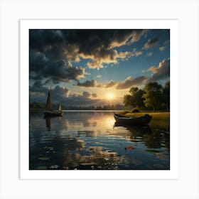 Photo Of Ultra Realistic Art On A Cracked Paper, Mosaic, Double Exposure, Boat Gently Bobbing On Calm Water Marks The End Of Summer 2 Art Print