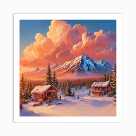 Mountain village snow wooden huts 10 Art Print