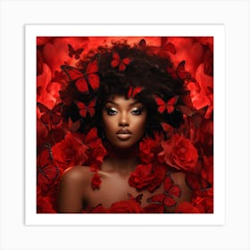 Black Woman With Red Roses And Butterflies 1 Art Print