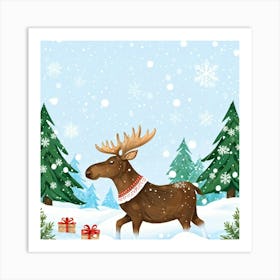 Scandinavian Art Illustration Baby Moose In Snowy Clearing Antler Ornaments Twinkling Swaying In Art Print