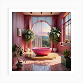 Pink Retro Bathroom Interior Design With Lush Plants Art Print