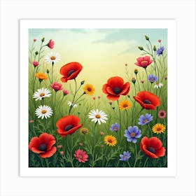 A Wildflower Meadow With A Mix Of Poppies, Daisies, And Cornflowers 3 Art Print