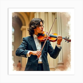 Watercolor Portrait Of A Talented Italian Violinist Performing In A Grand Hall Art Print