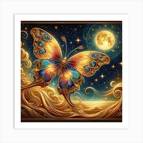 Celestial Butterfly in Green & Gold with Moon III Art Print