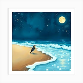 Crow On The Beach At Night Art Print