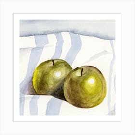 Watercolor Apples painting still life kitchen art food fruits square white green hand painted Art Print