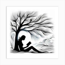 Silhouette Of A Girl Reading A Book Art Print