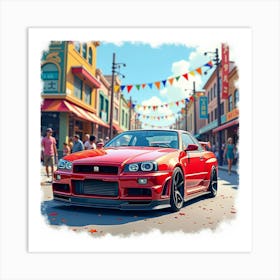 Nissan Gt R R34 Amidst A Colorful Watercolor Carnival Scene Art Print