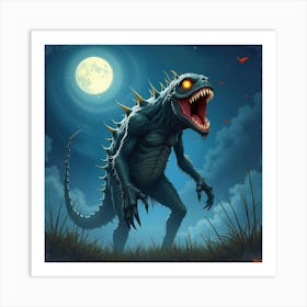 Horror Themed Monster In A Watercolor Moonlit Night 1 Art Print