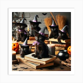 Black Kittens In Witch Hats Art Print