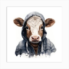 Watercolour Cartoon Cattle In A Hoodie 1 Art Print