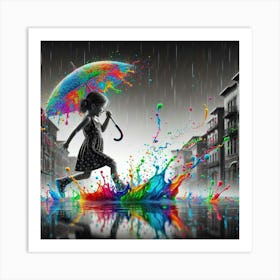 Colorful Girl In The Rain Art Print