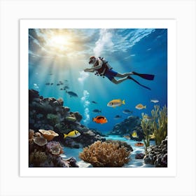 Scuba Diver On Coral Reef Art Print