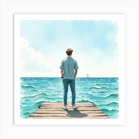 Watercolor Of Justin Bieber Standing At A Pier, Looking Out Over The Ocean Art Print