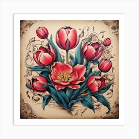 Tattoo Tulips, Old School Style Art Print