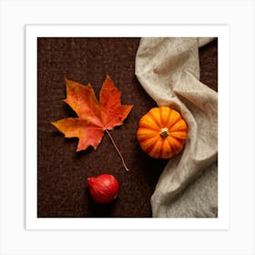 Autumnal Still Life Digital Painting Featuring Maple Leaf And Squash Placed Against Fabric Simulatin (2) Art Print