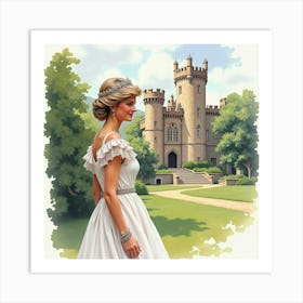 Elegant Watercolor Depiction Of Princess Diana In A Castle 1 Art Print