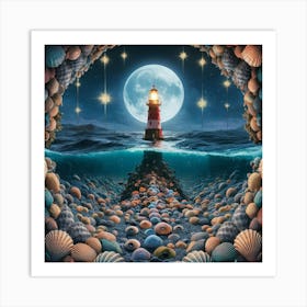 Seashells And Lighthouse Art Print