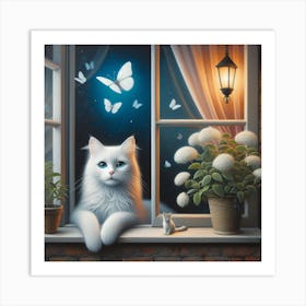 White Cat In The Window 1 Art Print