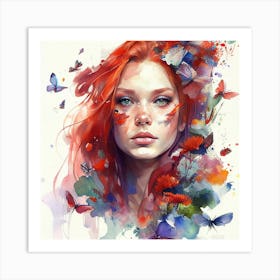 Watercolor Floral Red Hair Woman #9 Art Print