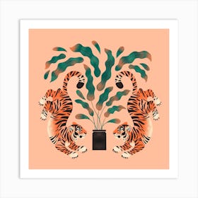 Tiger Twins In Pink Square Art Print