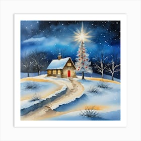 Cozy Winter Cottage Painting A Magical Christmas Night Art Print