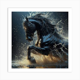 Black Horse Running In Water 2 Art Print