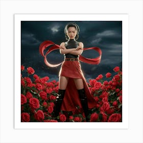 Girl In Red Roses Art Print