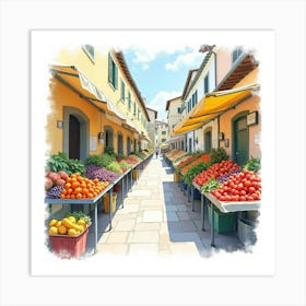 Colorful Watercolor Market Scene In Florence With Fruits, Vegetables, And Flowers 1 Art Print