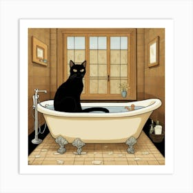 Default Black Cat On Bathtub Brown Black Bathroom Art Print 3 Art Print